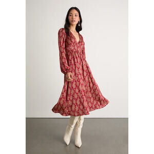 Lulus Graceful Impression Wine Red Floral Print Midi Dress - Size L